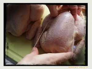Recipe Hainan Chicken Rice; Tie up the chicken